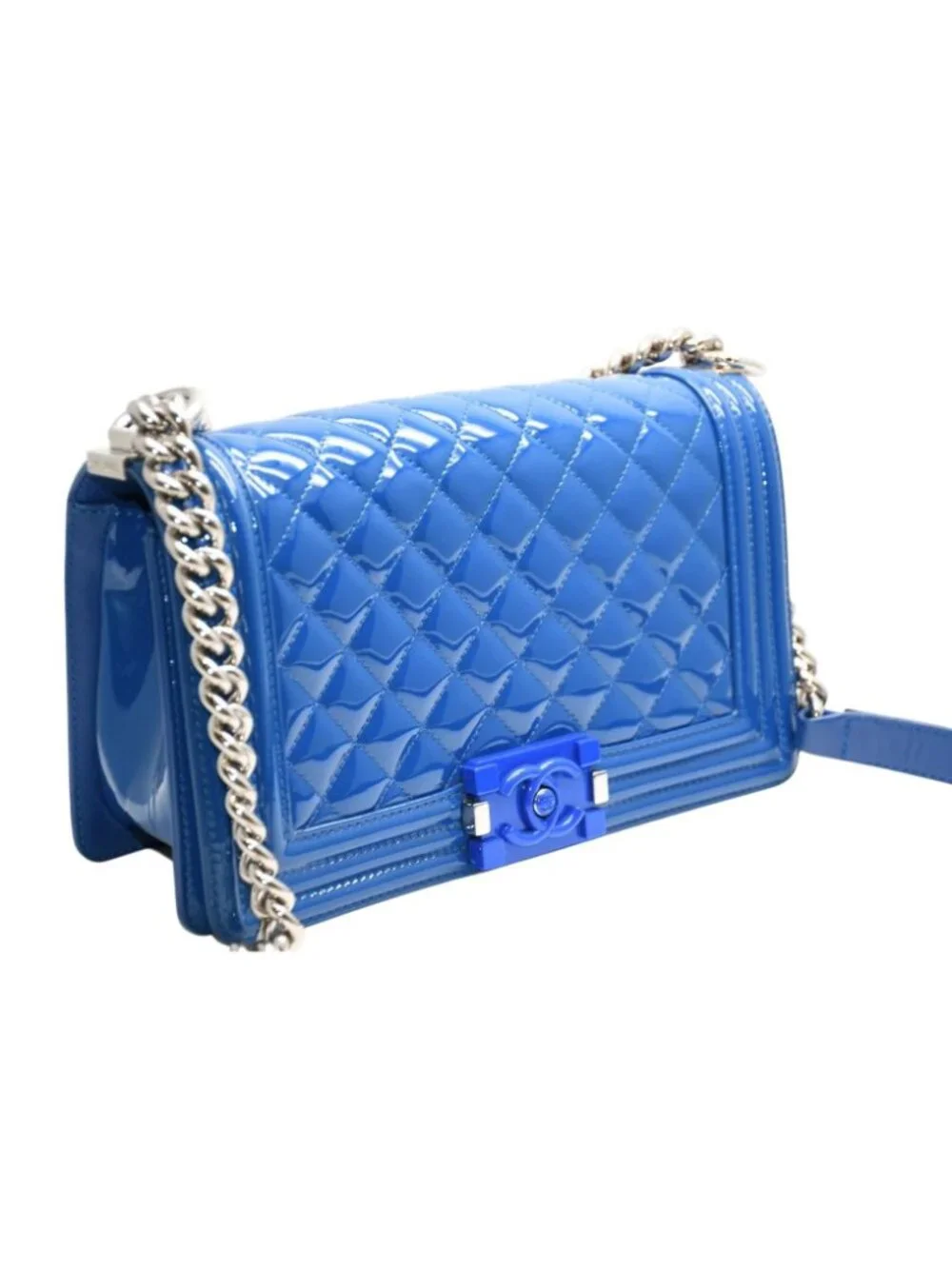 Chanel Boy Chain Shoulder Bag Patent Leather CC Logo Silver